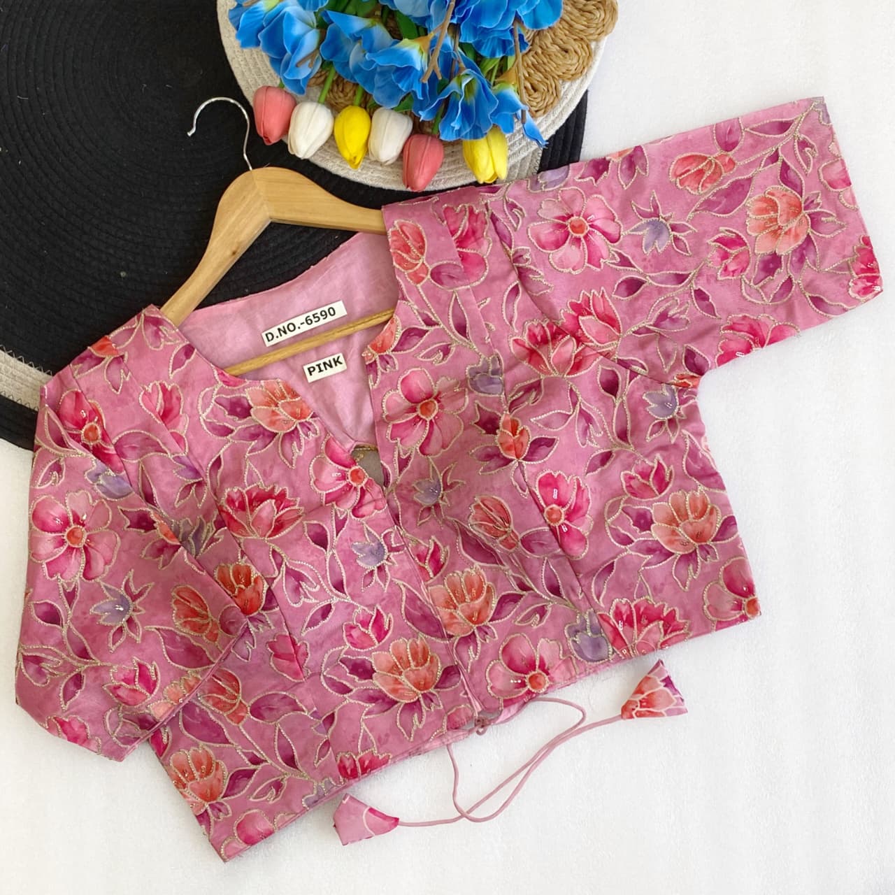 Pojisan print embroidery ready made blouse