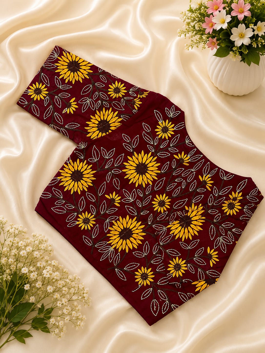 Cotton sunflower embroidery work ready made blouse