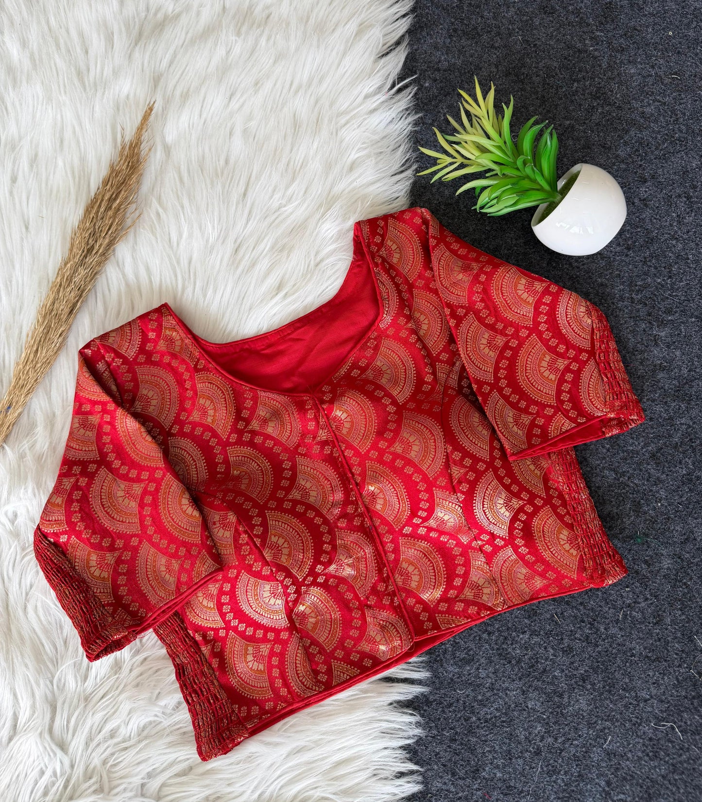 A beauty of weaving work all over with stretchable technology inside ready made blouse