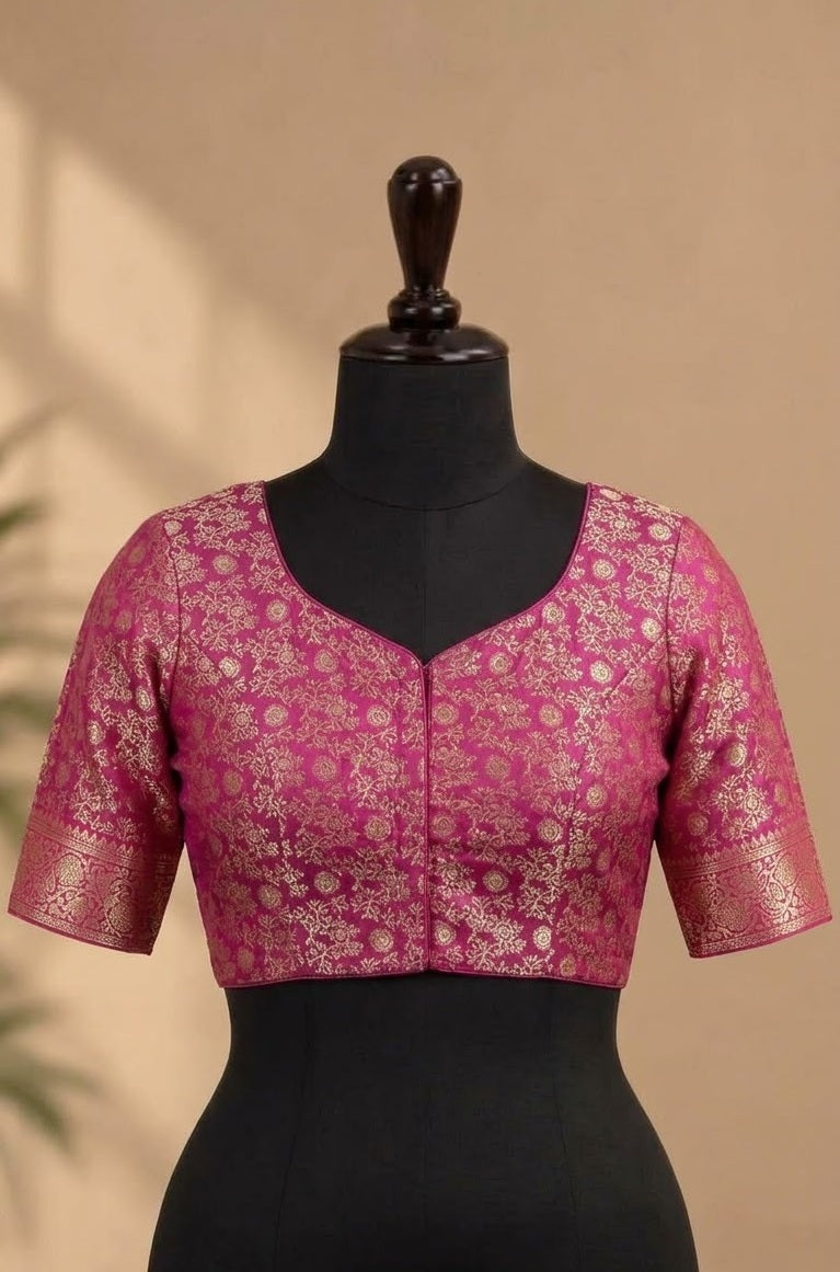 Rani Pink Zari Embroidered Deep-Back ready made blouse