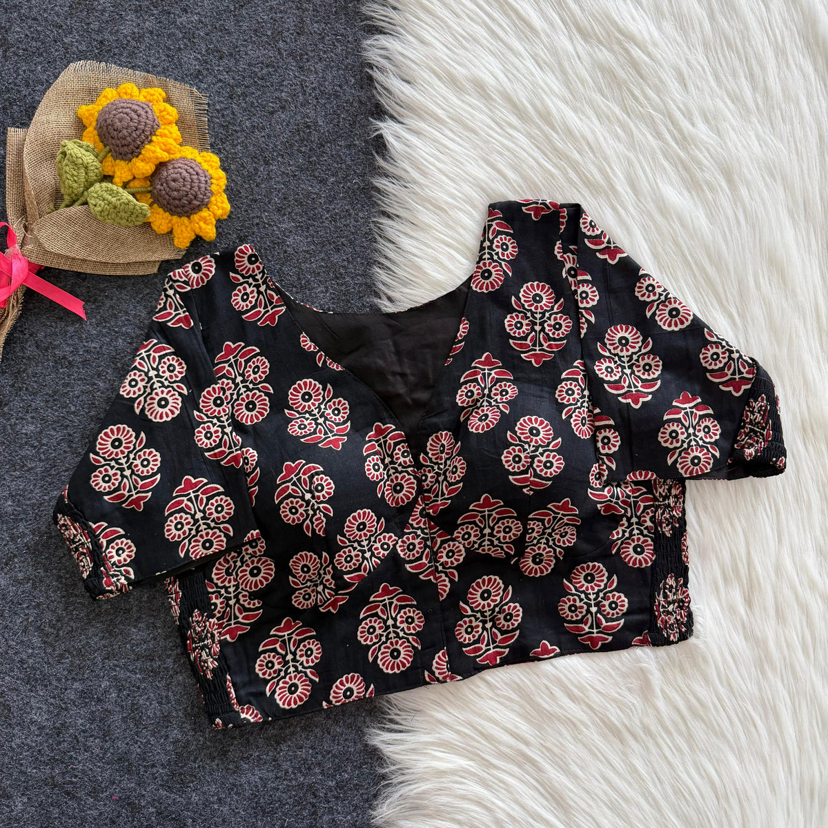 Beautiful hand block print with side elastic ready made blouse