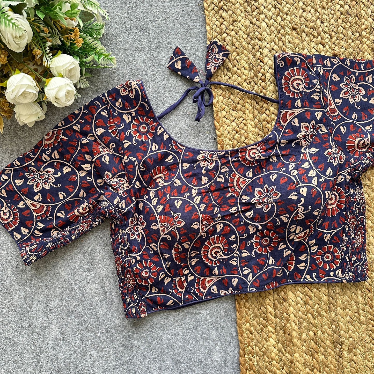 Beautiful hand block print with side elastic ready made blouse