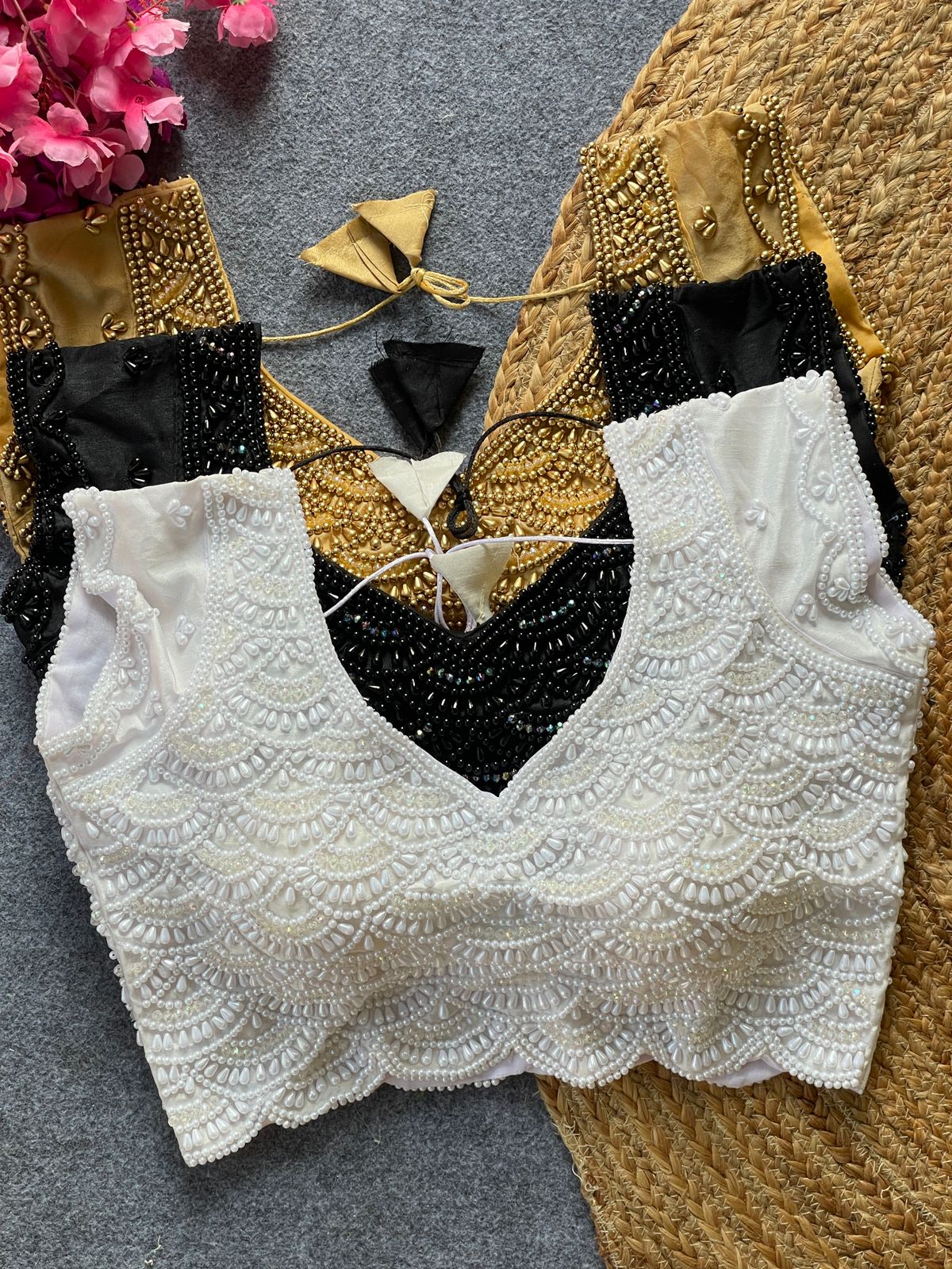 Pure pearl moti handwork ready made blouse