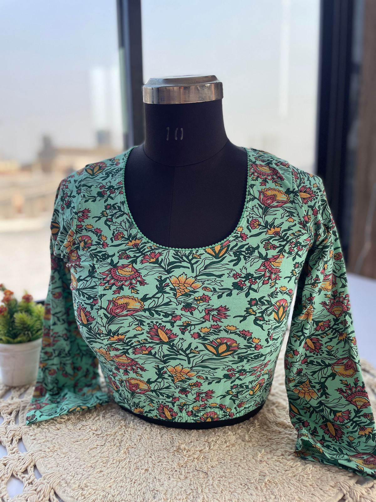Stretchable ajrakh cotton print ready made blouse