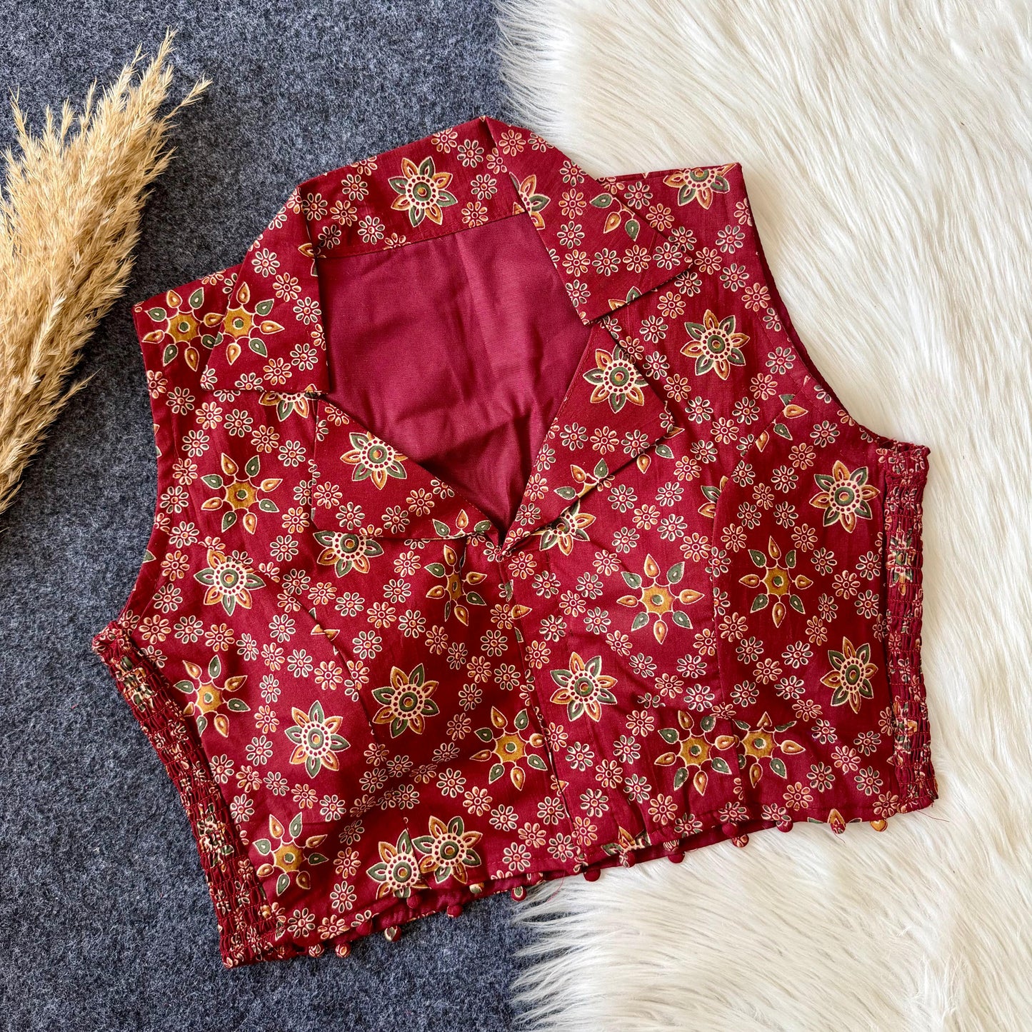 Beautiful hand block print with side elastic ready made blouse