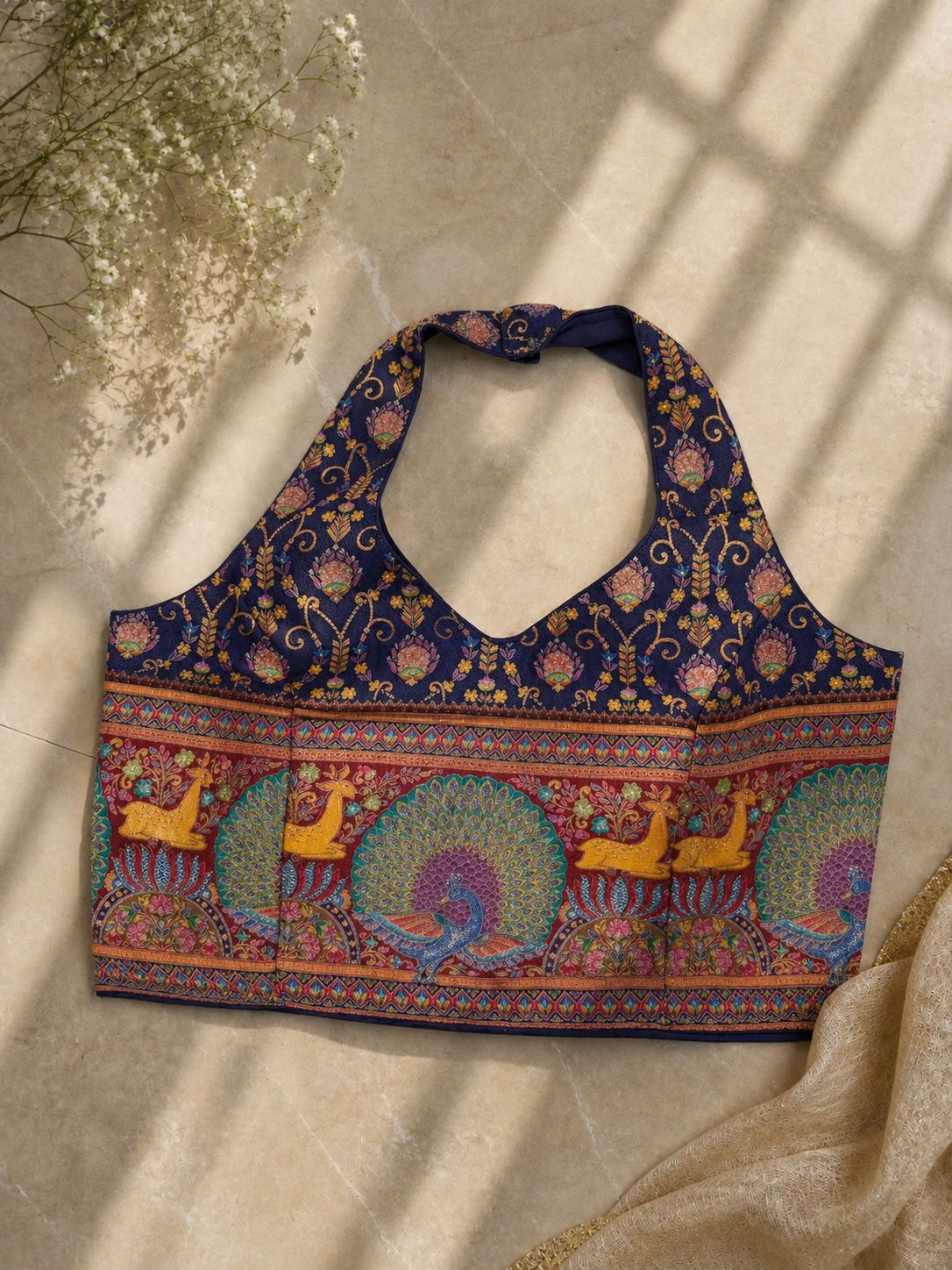 A beautiful 12 thread weaving of colours all over pure banarasi silk ready made blouse