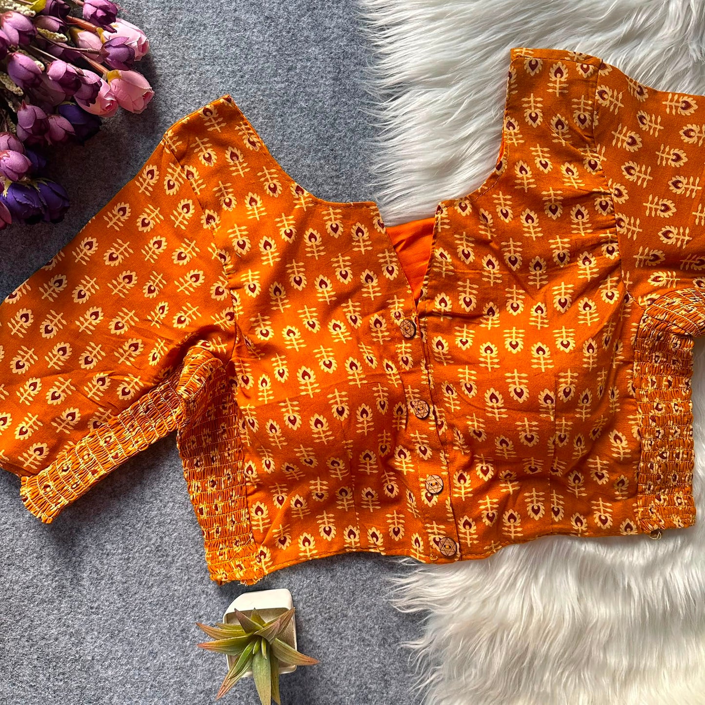 Beautiful hand block print with side elastic ready made blouse