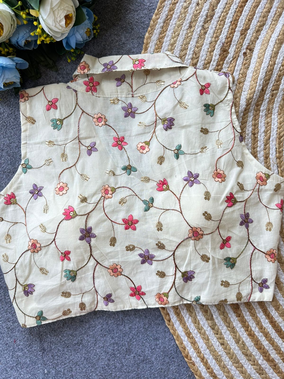 Beautiful cotton with embroidered sleeveless ready made blouse