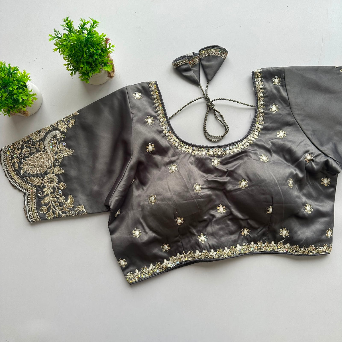Heavy pure satin silk embroidery work ready made blouse