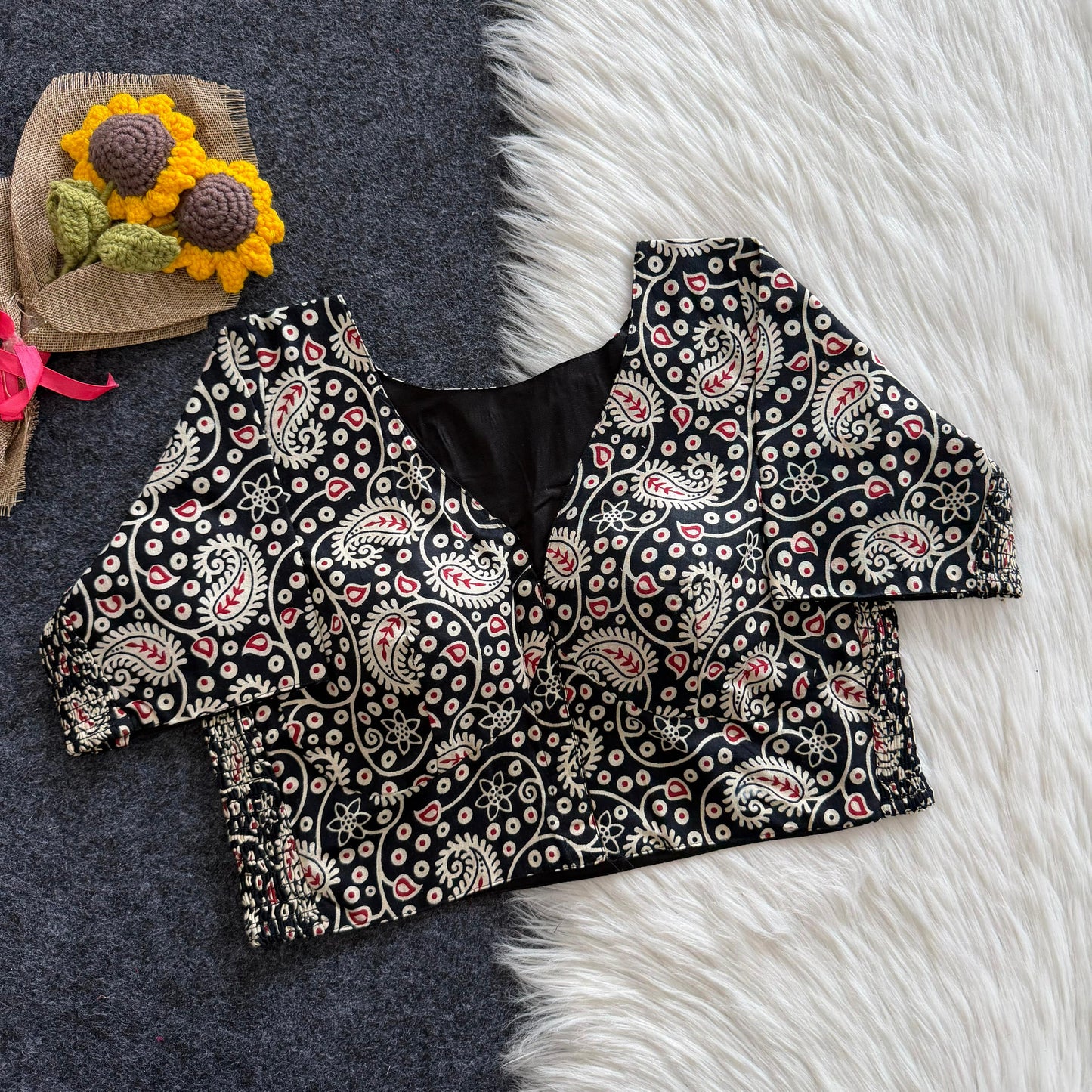 Beautiful hand block print with side elastic ready made blouse