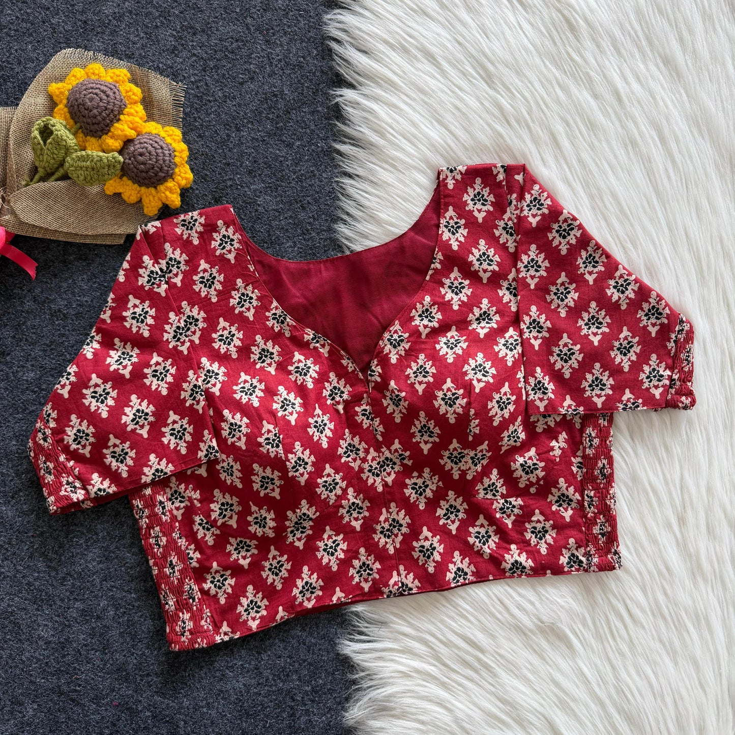 Beautiful hand block print with side elastic ready made blouse