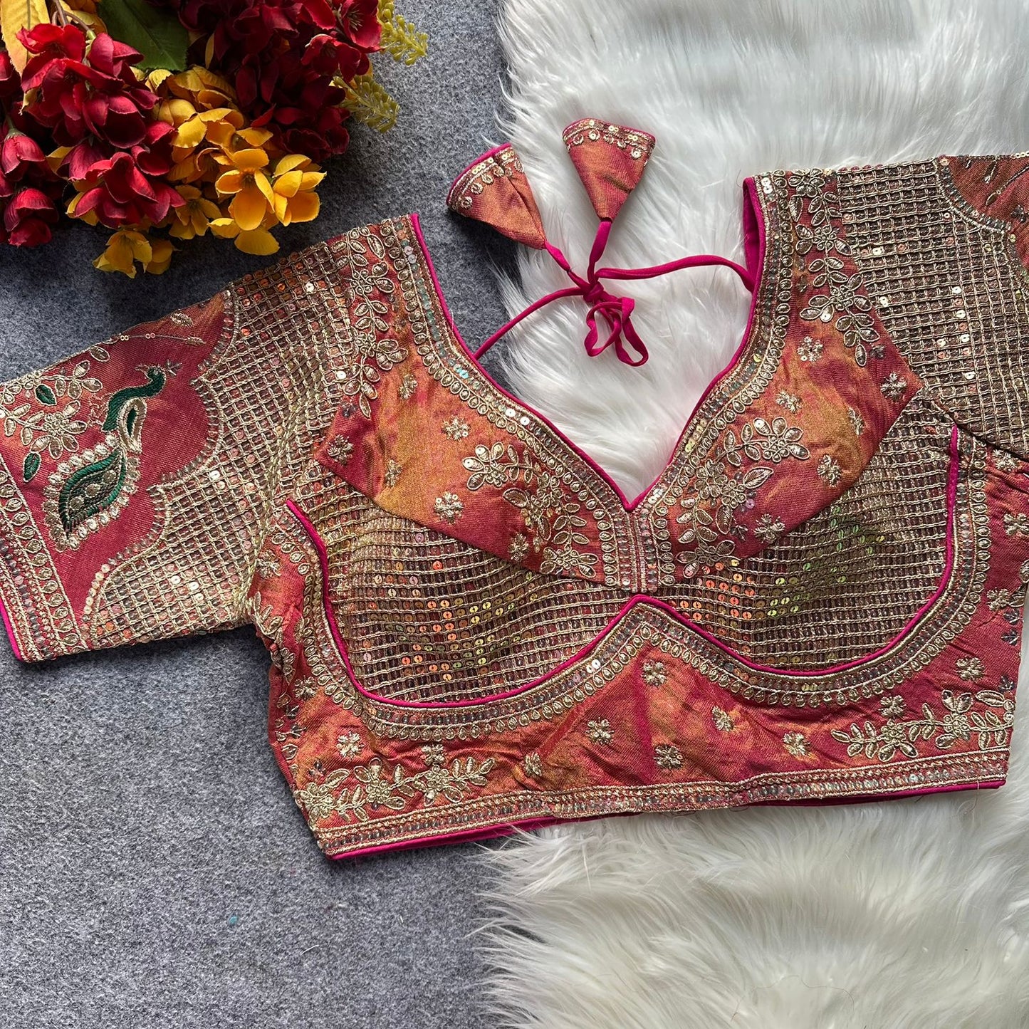 Heavy cosmoss silk embroidery work ready made blouse