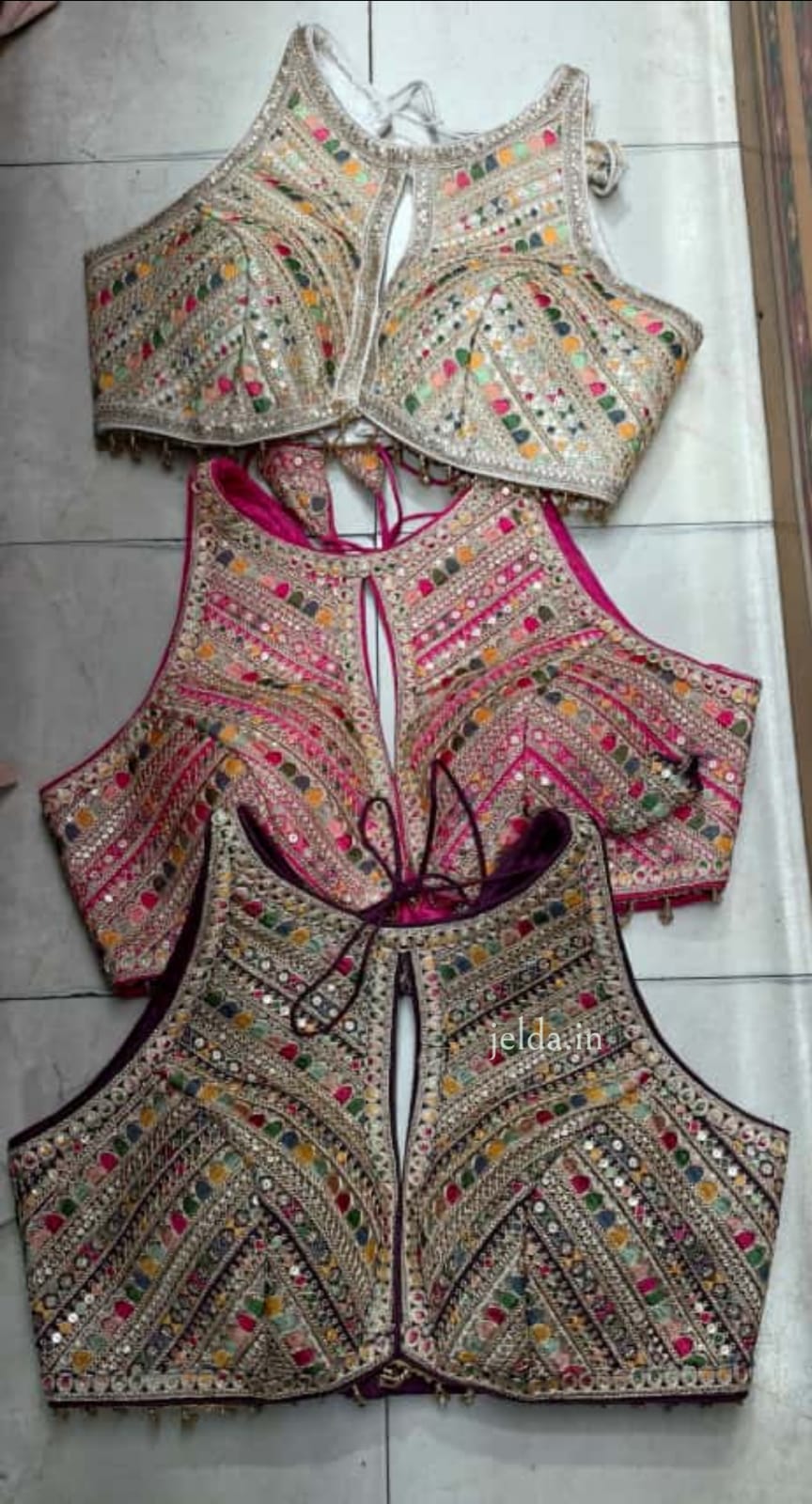 Heavy Embroidered Halter-Neck Lace Work Blouse with Front Keyhole