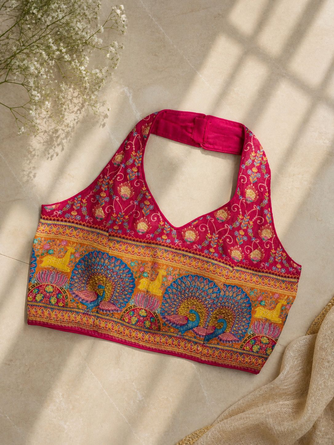 A beautiful 12 thread weaving of colours all over pure banarasi silk ready made blouse