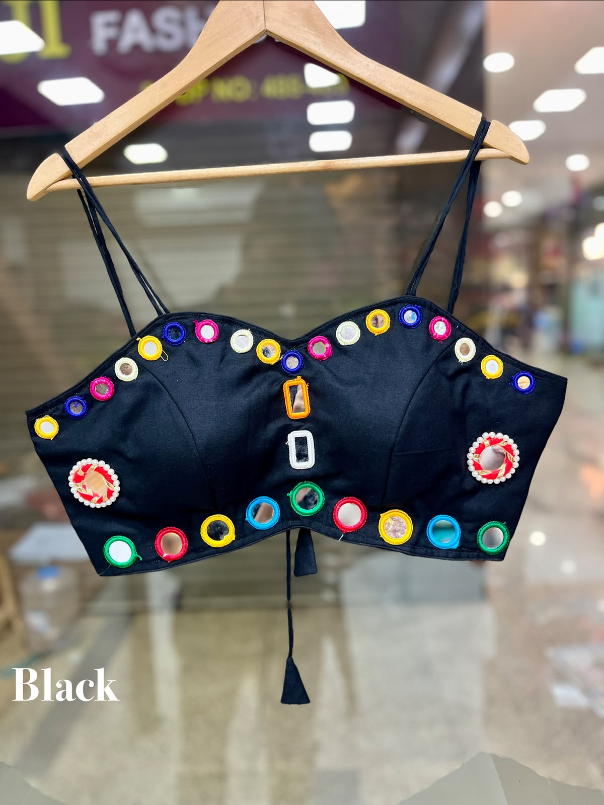 SPECIAL SPAGHETTI NODDLES MULTY COLOUR RING MIRROR (GLASS) WORK FANCY READY MADE BLOUSE