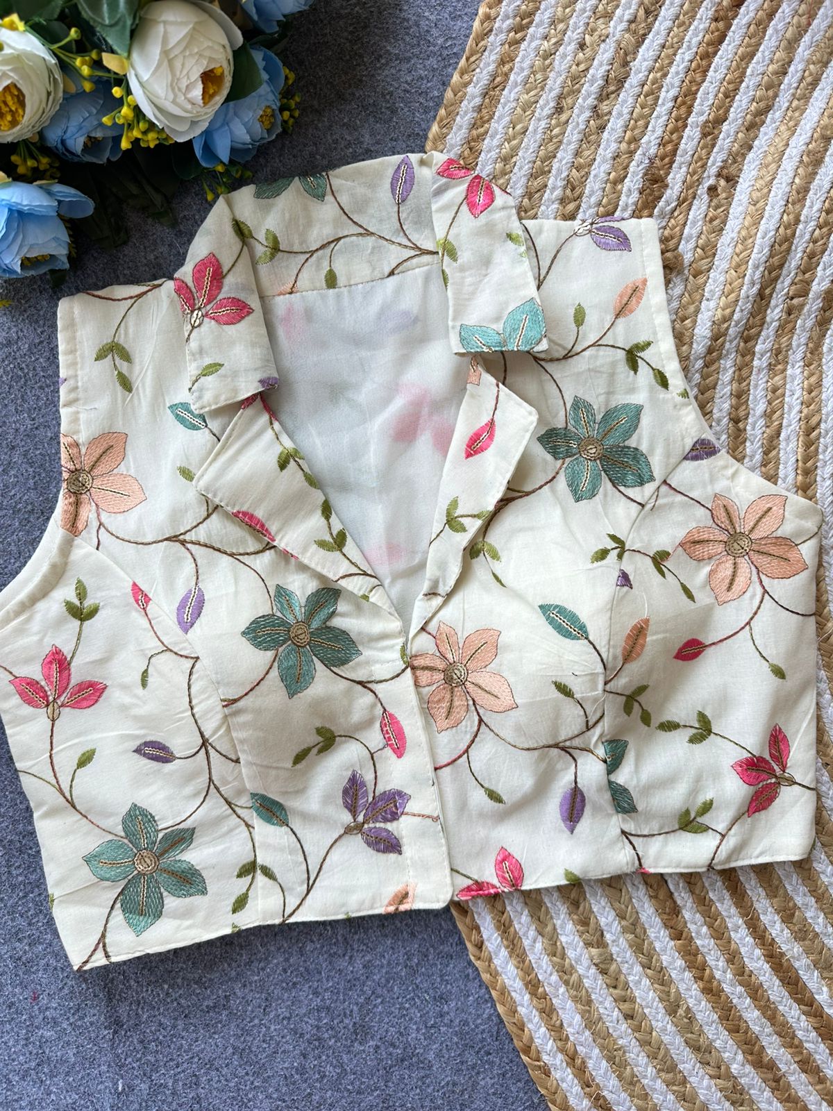 Beautiful cotton with embroidered sleeveless ready made blouse