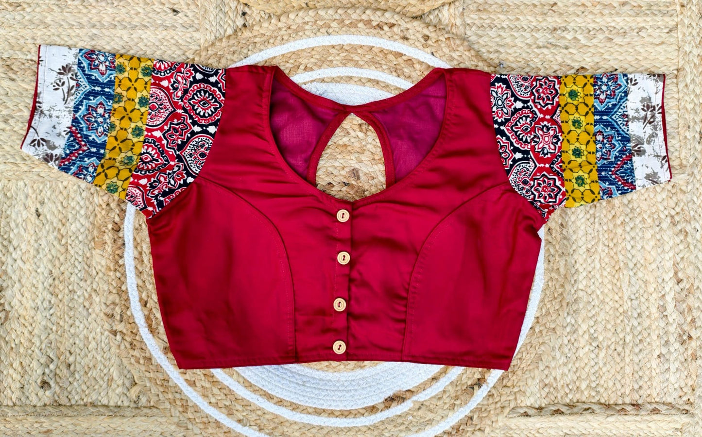 Ajrakh with cotton silk patch work ready made blouse