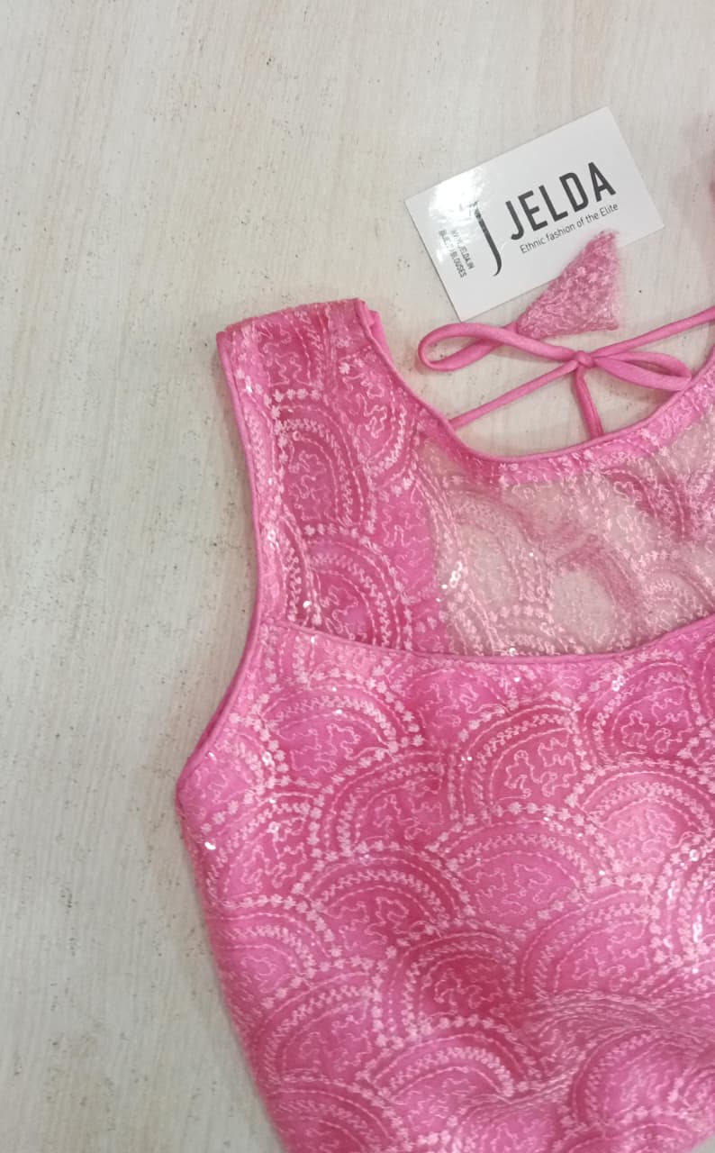 Boatneck with net work sleeveless ready made blouse