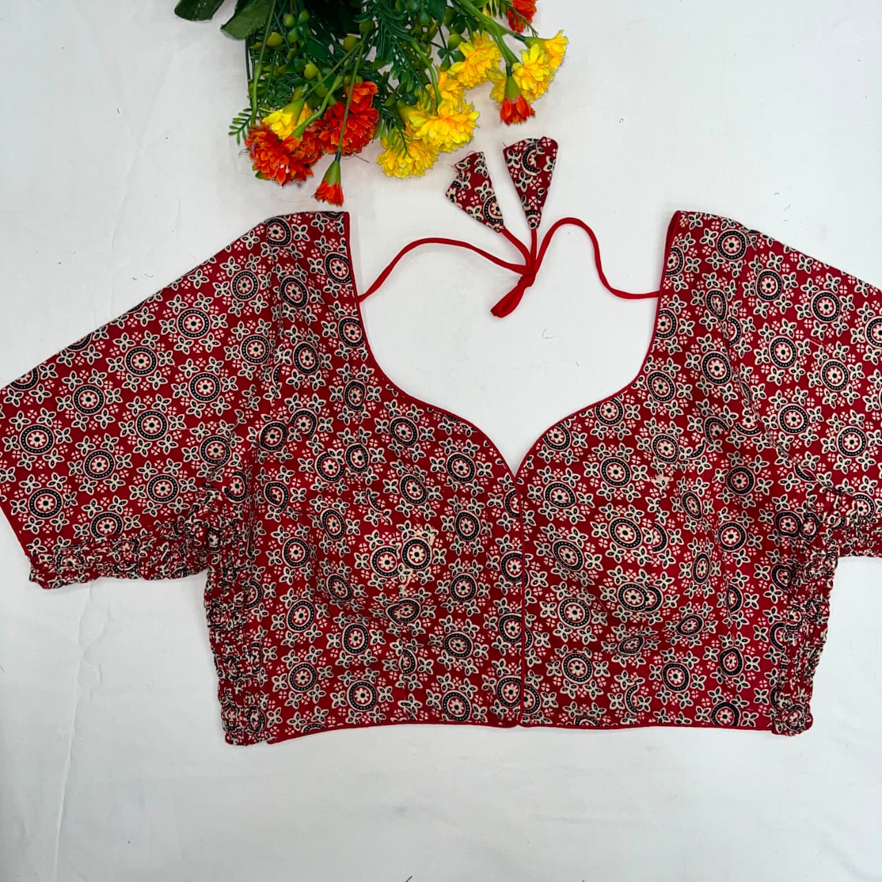 Trending ajarakh print cotton elastic pattern fancy ready made blouse