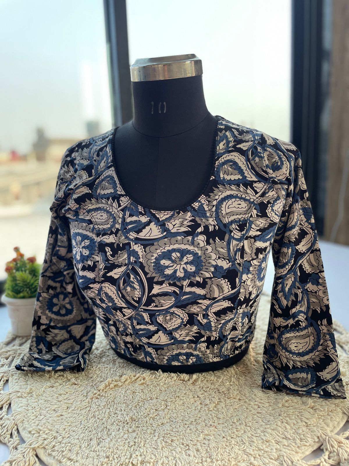Stretchable ajrakh cotton print ready made blouse