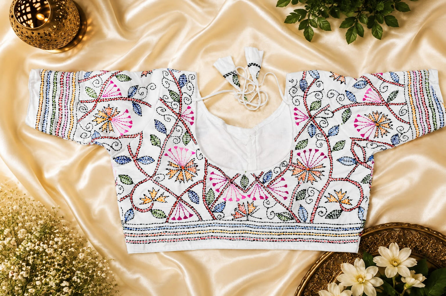 Katha handwork round/ Boatneck ready made blouse