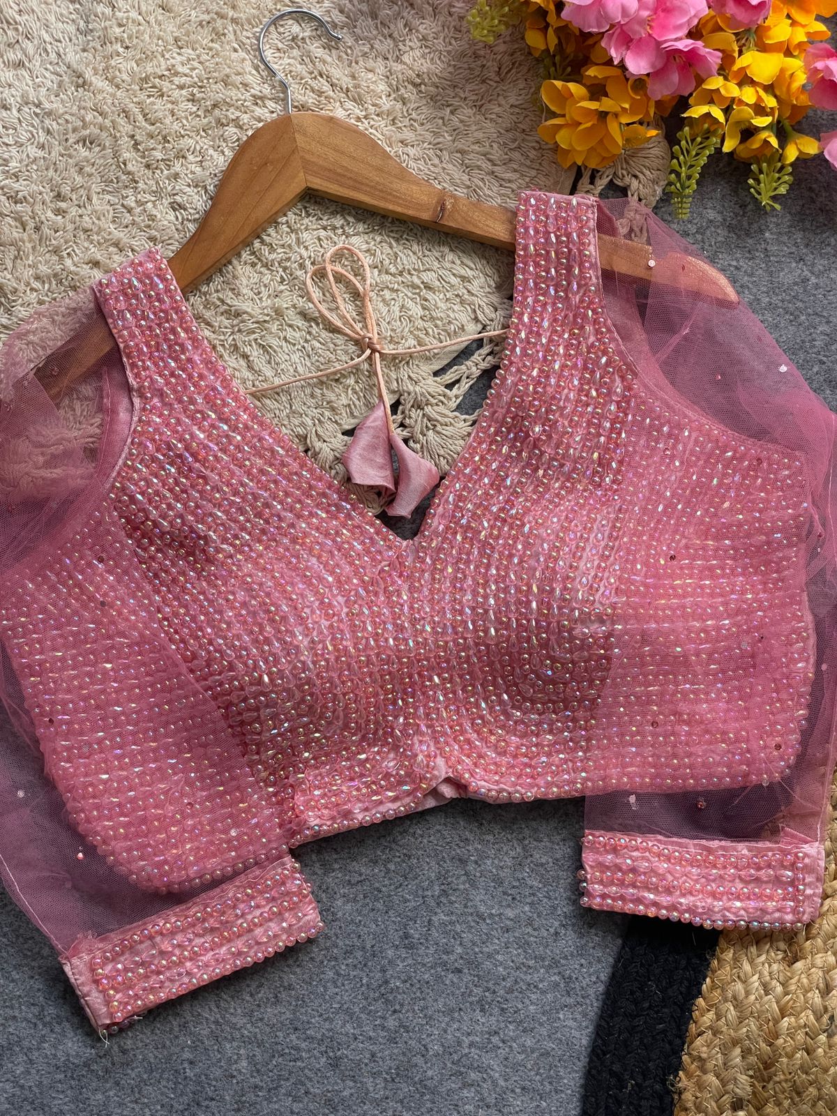 Presenting beautiful handcrafted pearl work ready made blouse