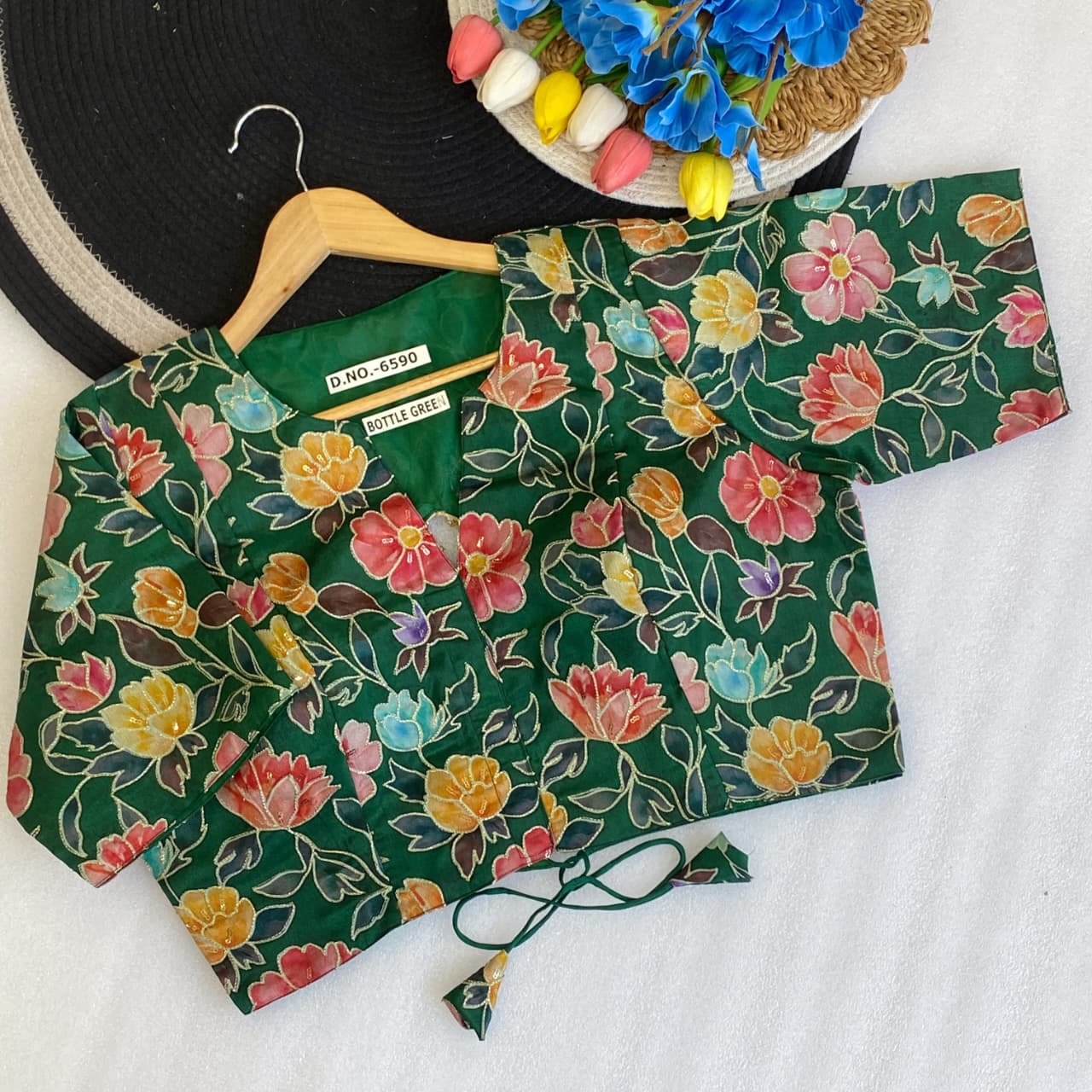 Pojisan print embroidery ready made blouse