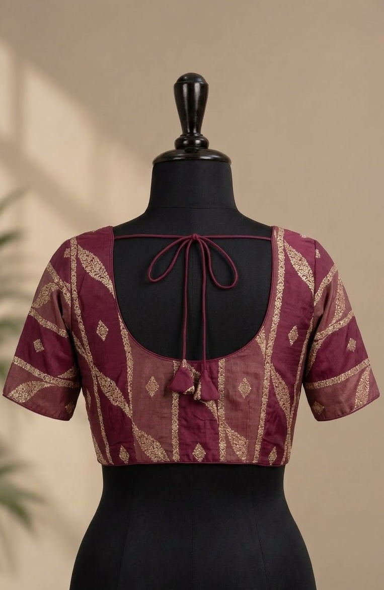 Plum Wine Zari Leheriya Deep-Back ready made blouse