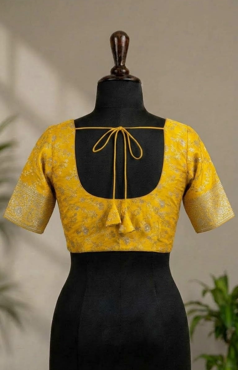 Haldi Yellow Zari Floral Embroidered Silk ready made blouse