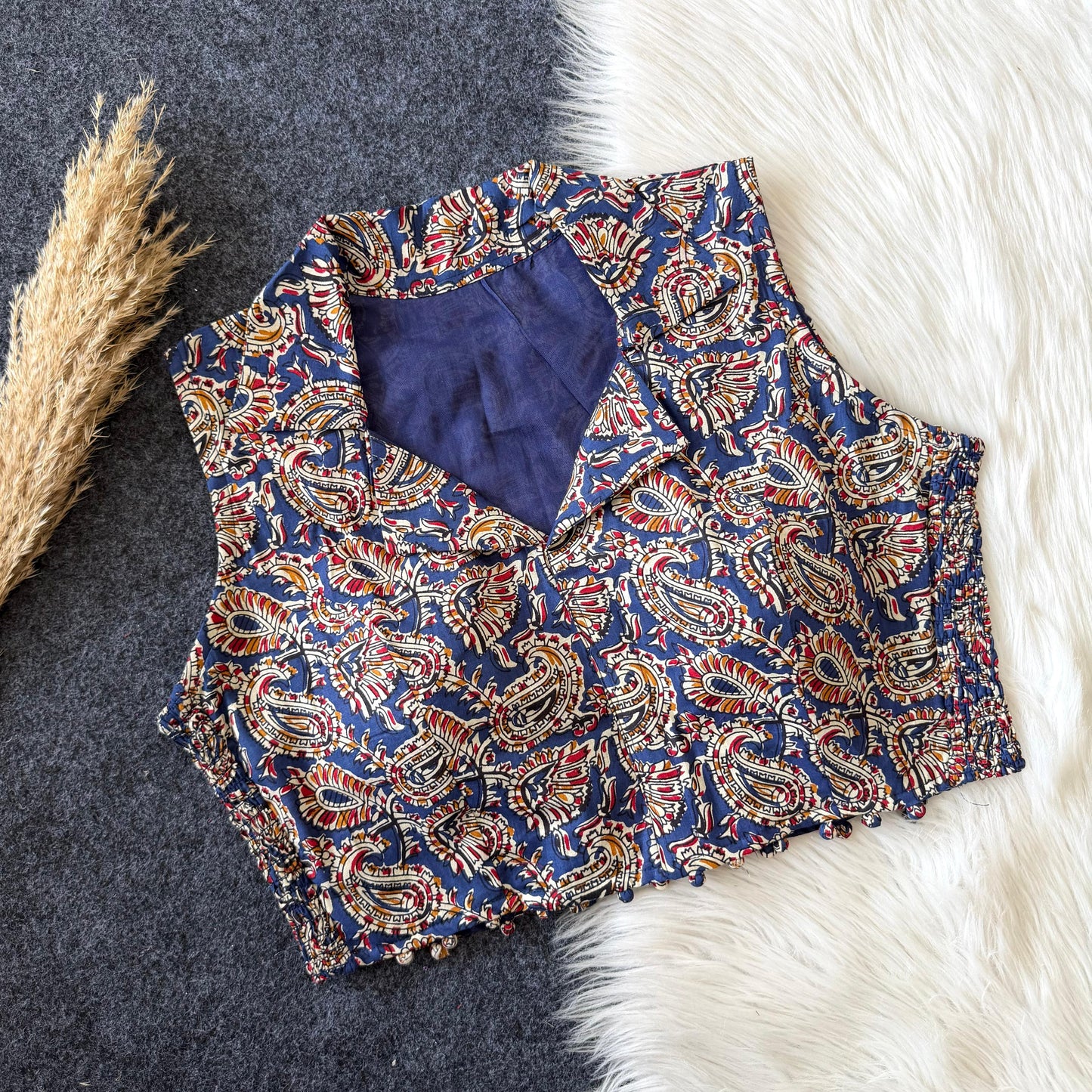 Beautiful hand block print with side elastic ready made blouse