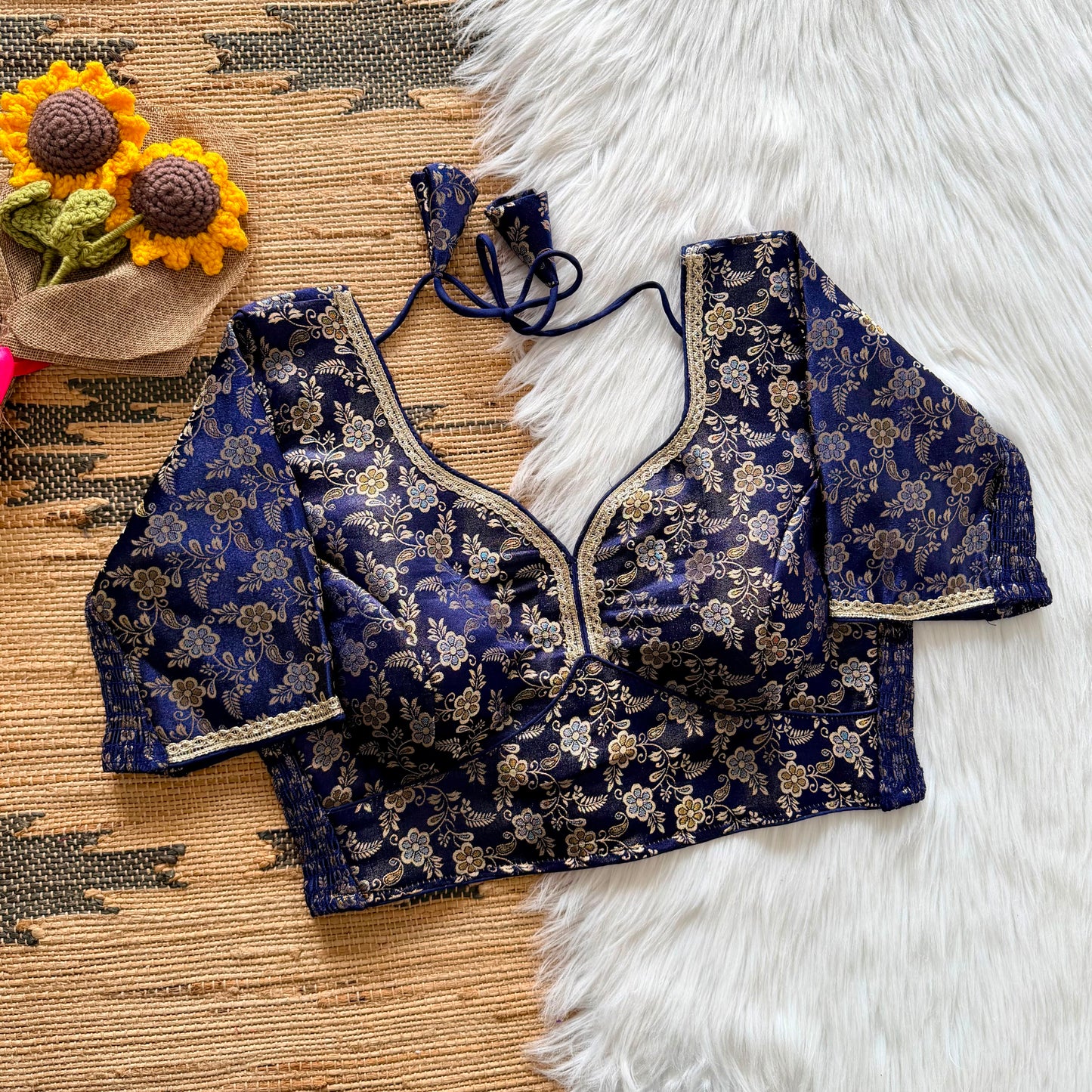 A beauty of weaving work all over with stretchable technology inside ready made blouse