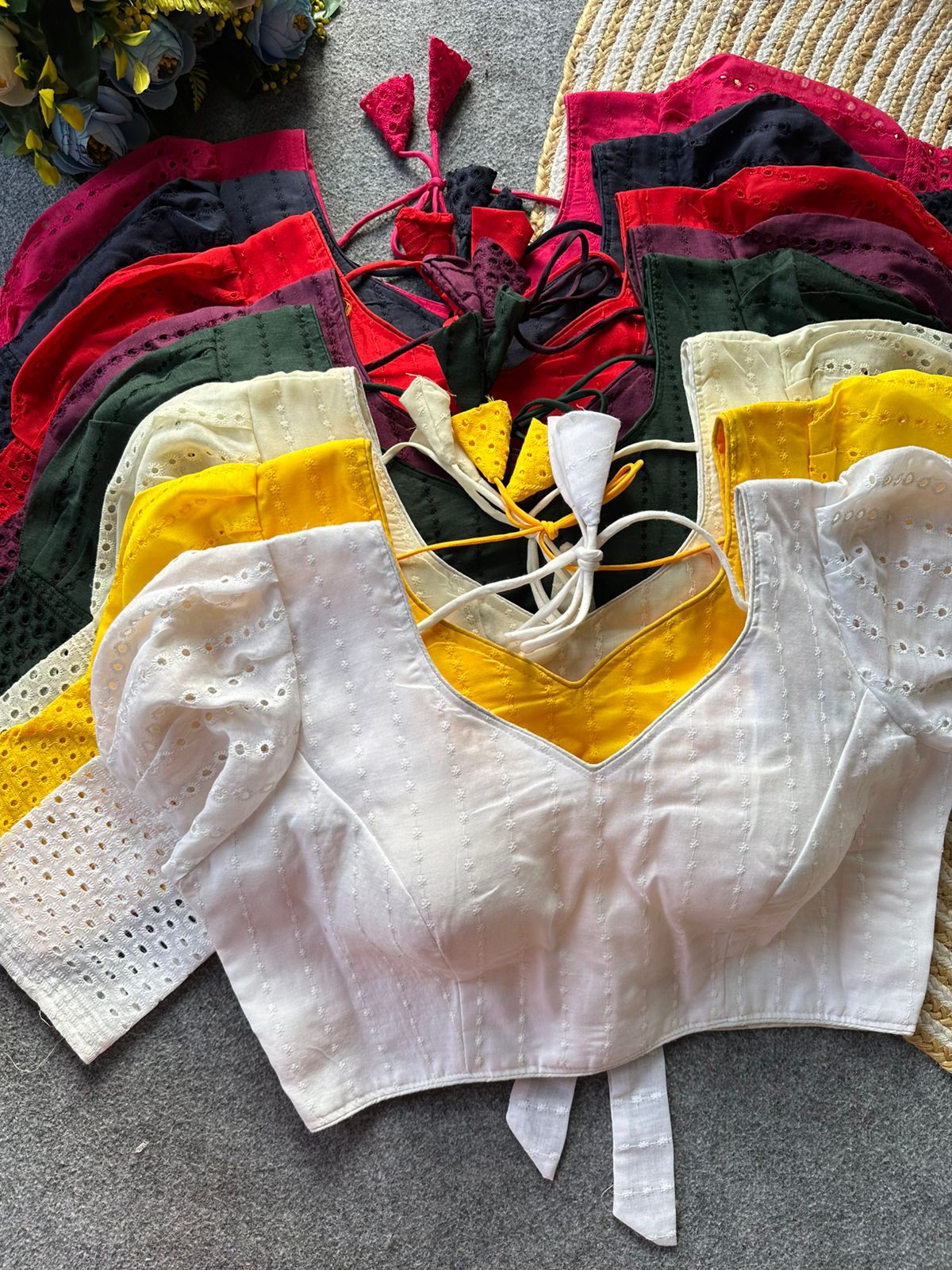 Pure hakoba cotton puff sleeve with bow ready made blouse