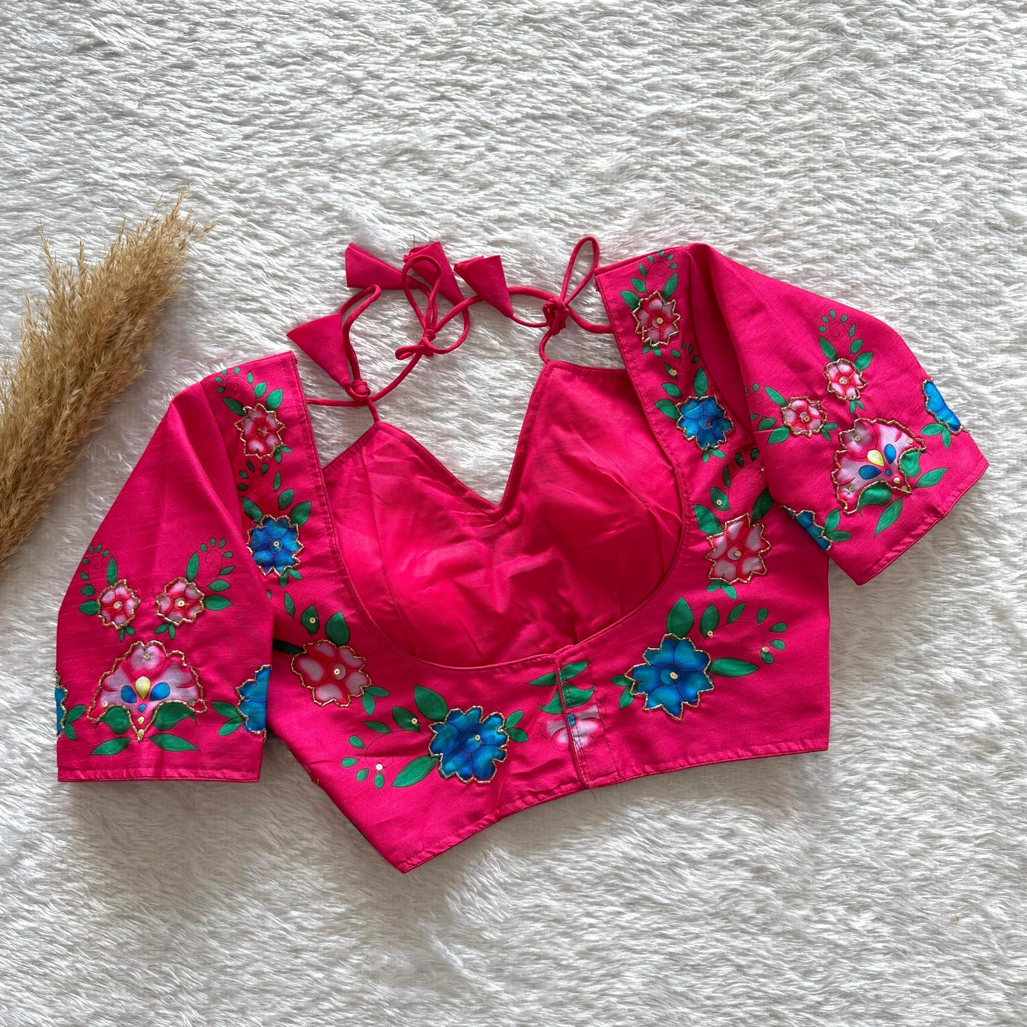 Semi pure silk fabric with Decent print all over blouse with antique handcrafted work ready made blouse