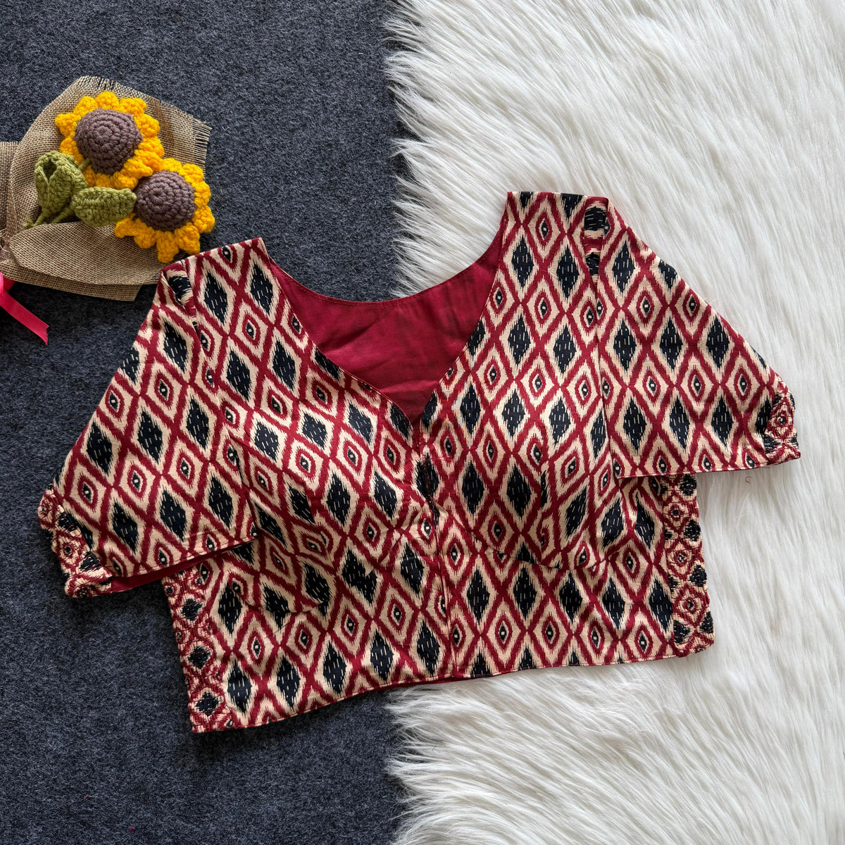 Beautiful hand block print with side elastic ready made blouse