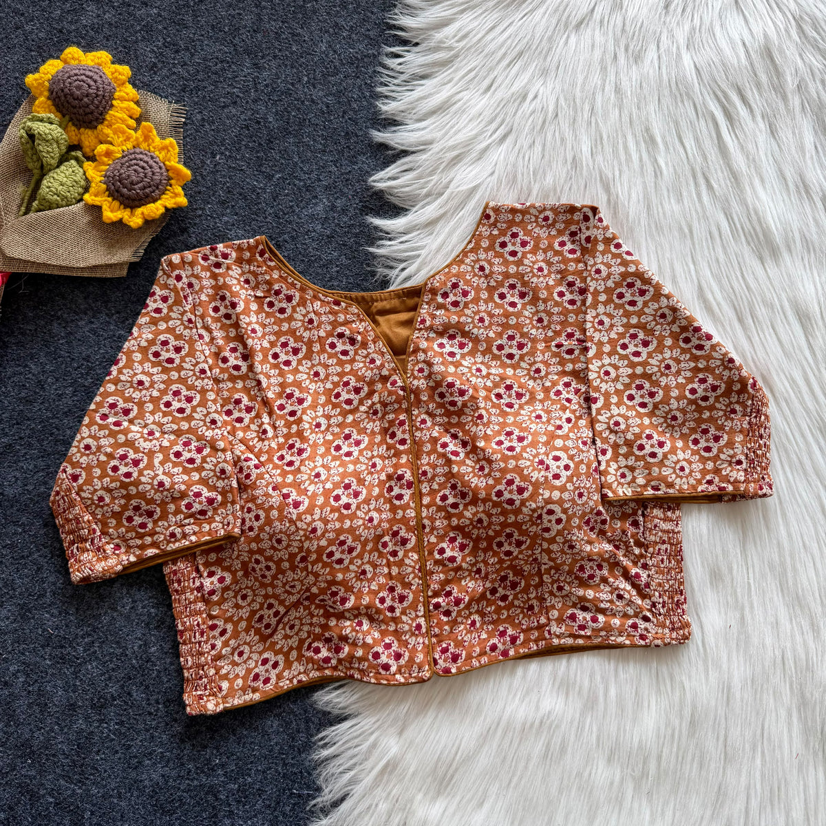 Beautiful hand block print with side elastic ready made blouse