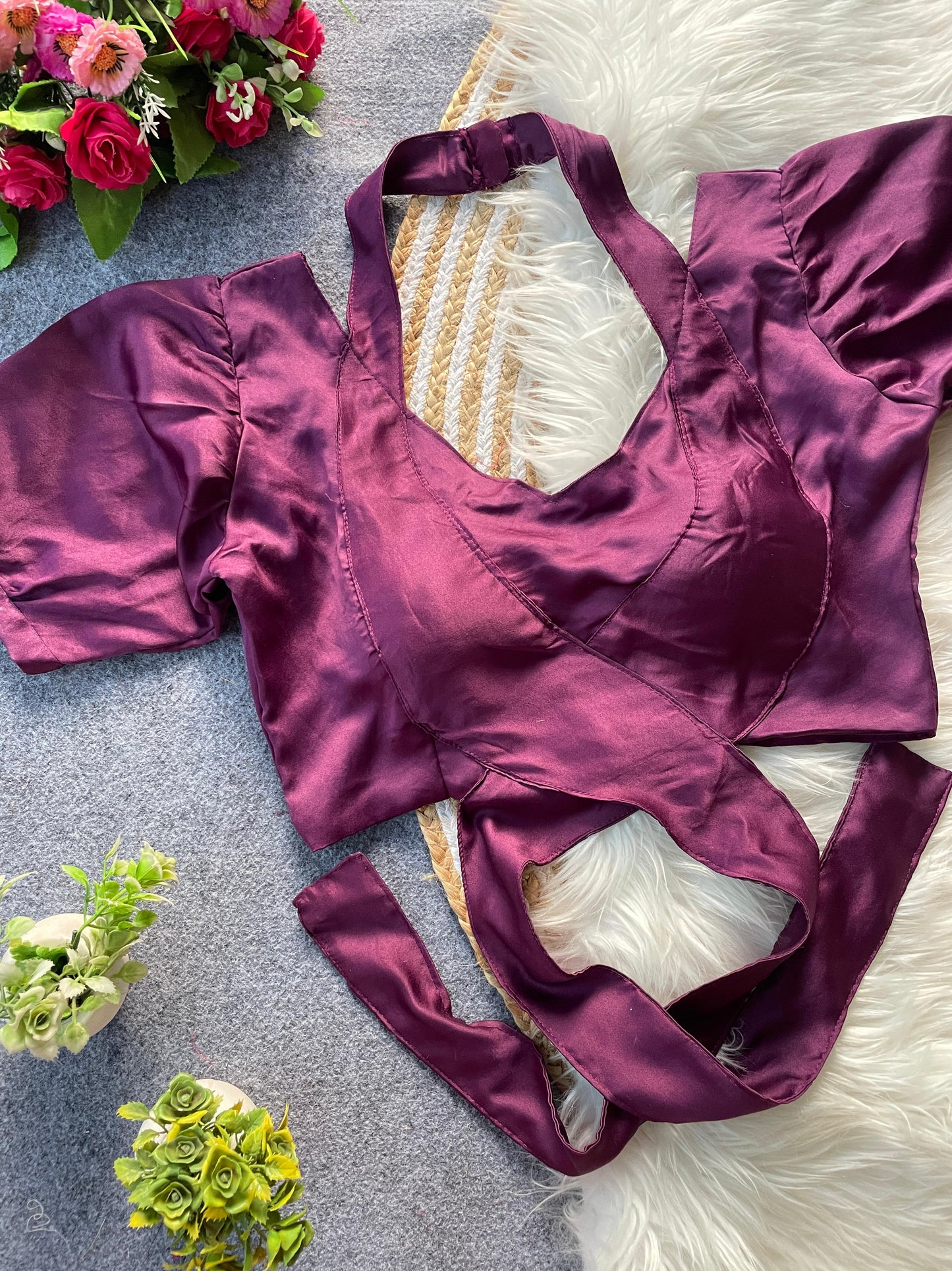 Pure Malai Satin balloon sleeve ready made blouse