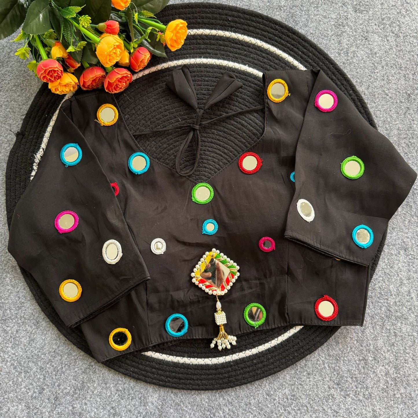 Pure Roman Silk mirror work ready made blouse