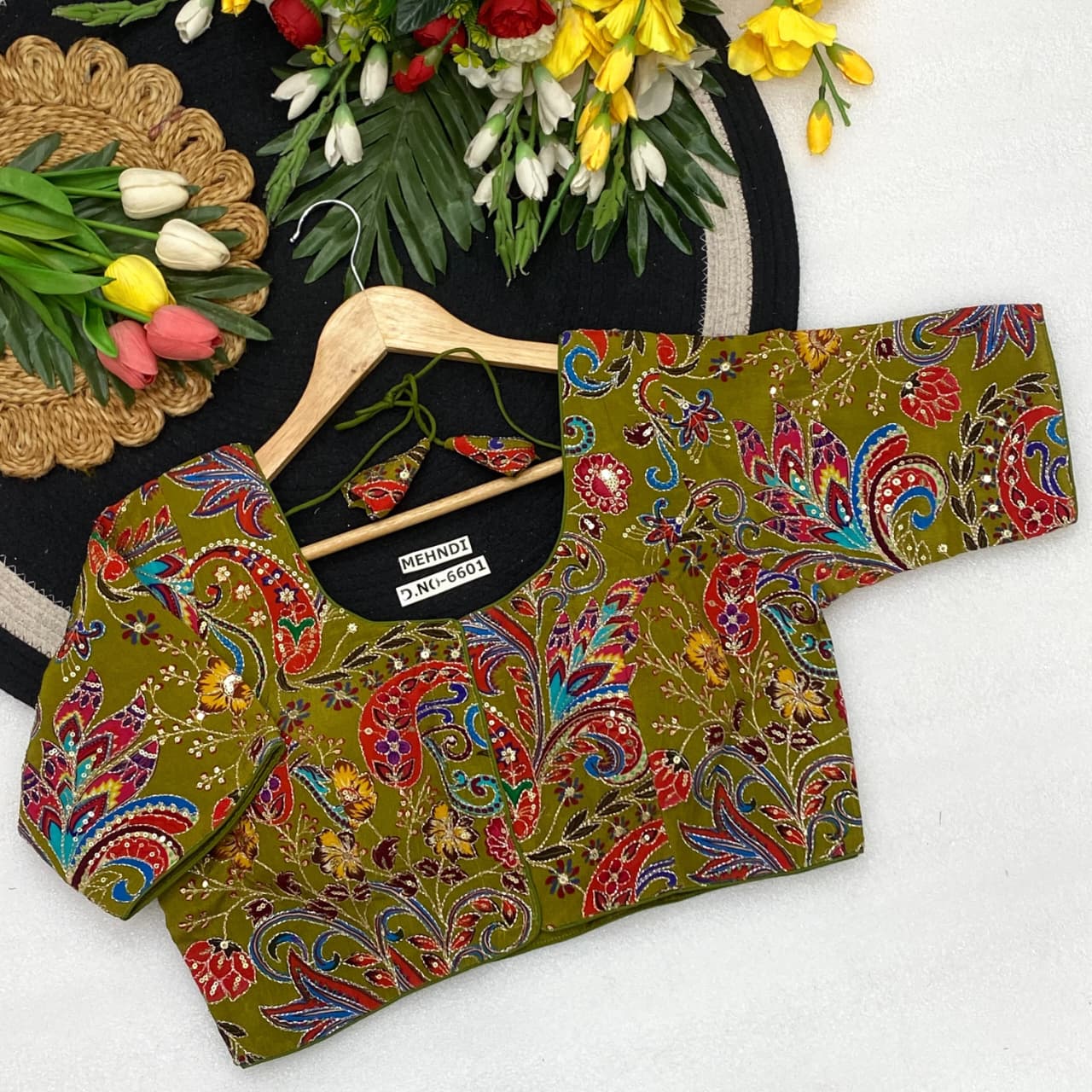 Viscose crep pojisan print embroidery ready made blouse