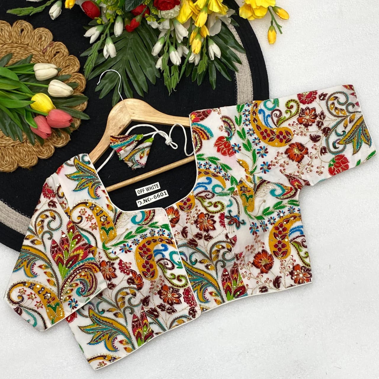 Viscose crep pojisan print embroidery ready made blouse