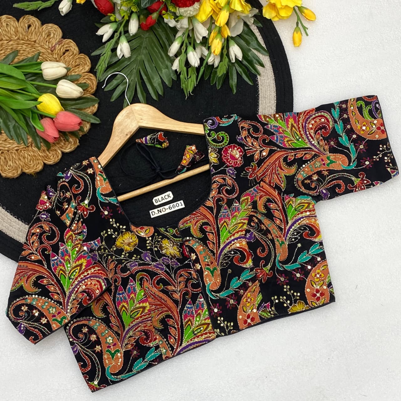 Viscose crep pojisan print embroidery ready made blouse