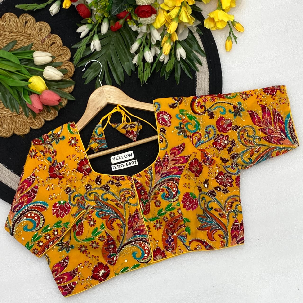 Viscose crep pojisan print embroidery ready made blouse