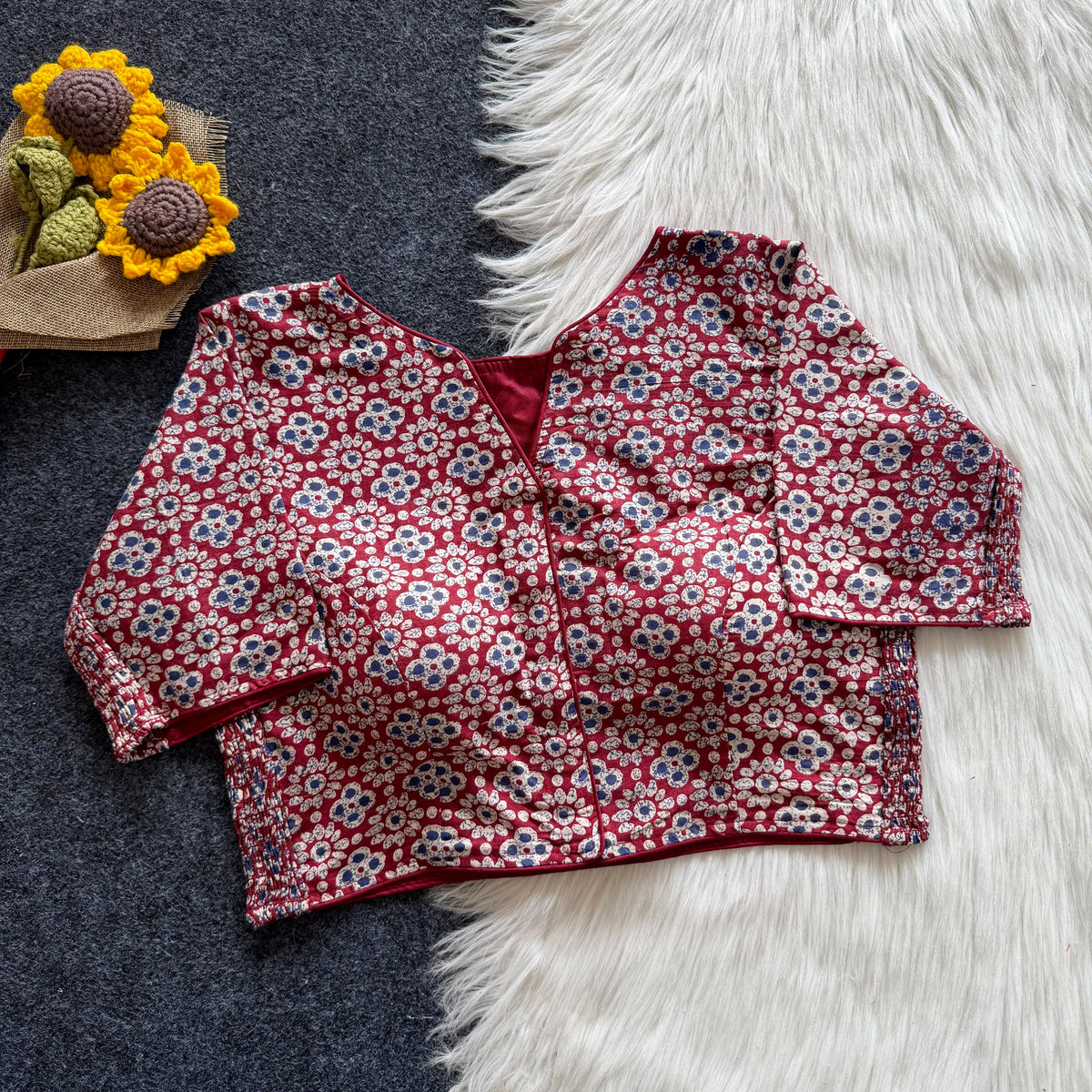 Beautiful hand block print with side elastic ready made blouse