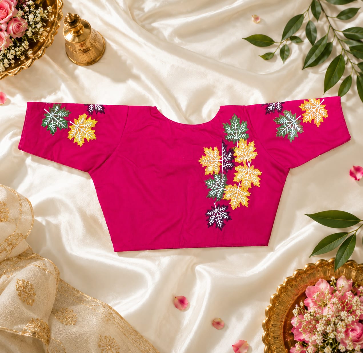 Leaf embroidery ready made blouse