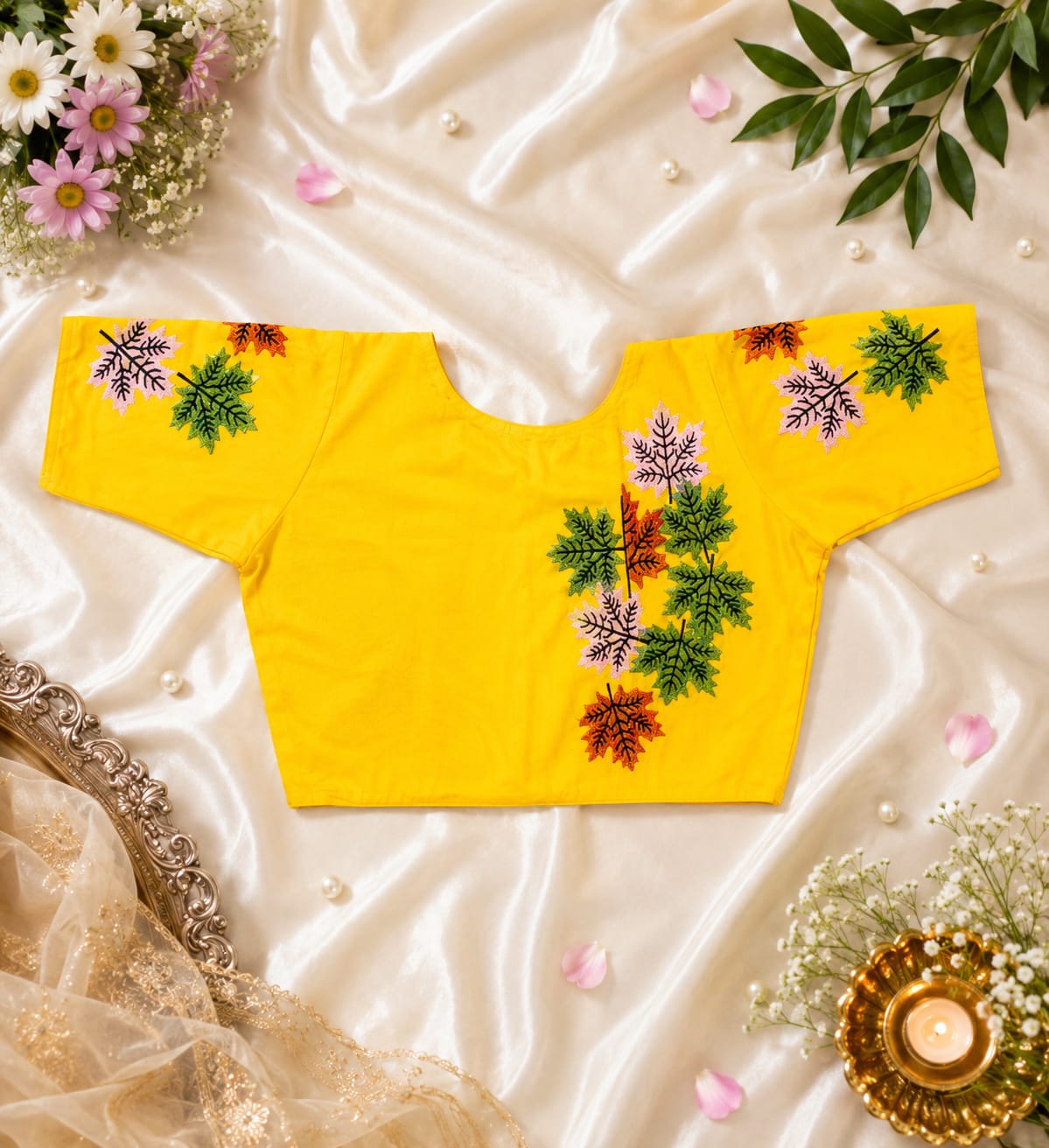Leaf embroidery ready made blouse