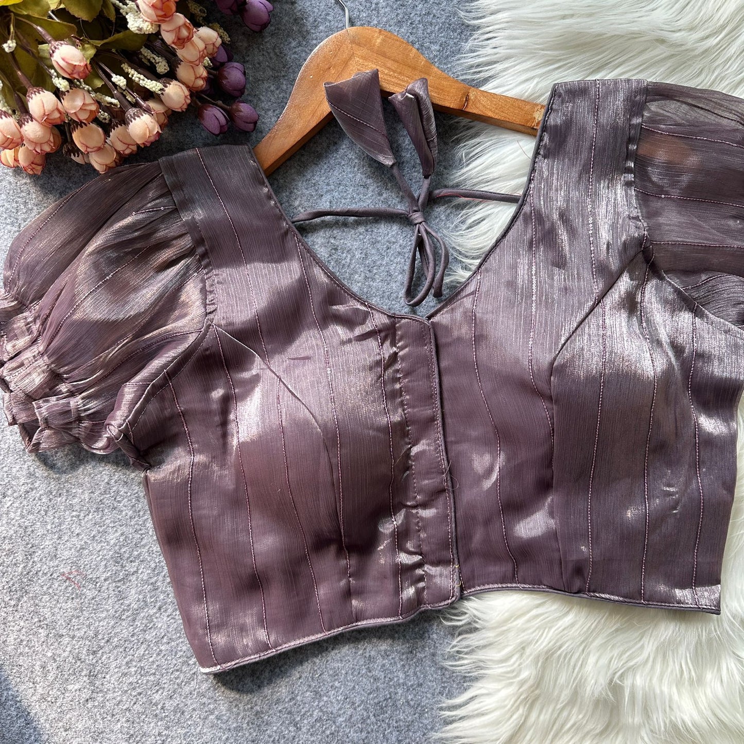 Two tone zimi chu slub shining material with sequins work ready made blouse