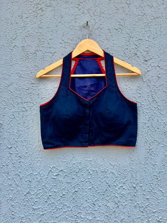 Navy Blue cotton embroidered Halterneck designer blouse