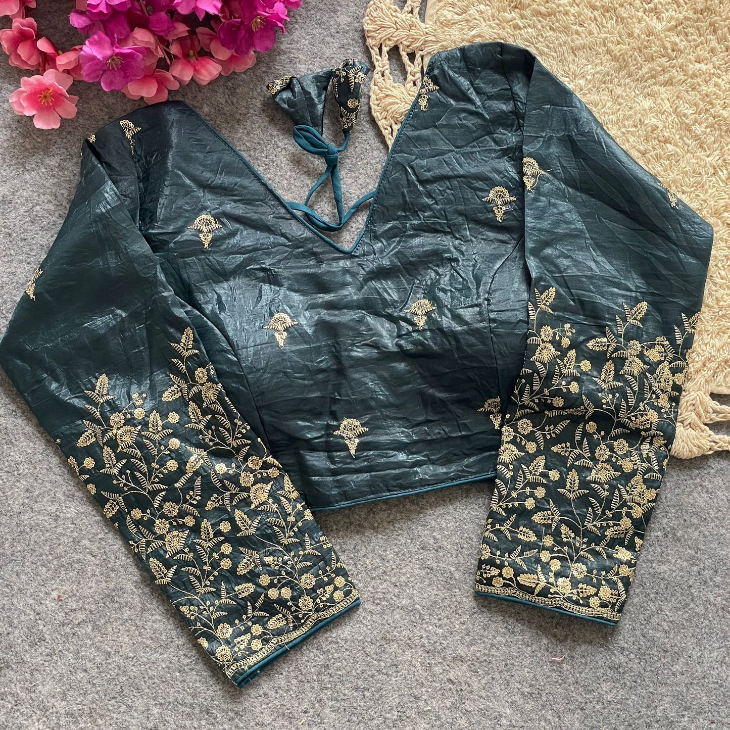 A beauty of golden embroidery work ready made blouse