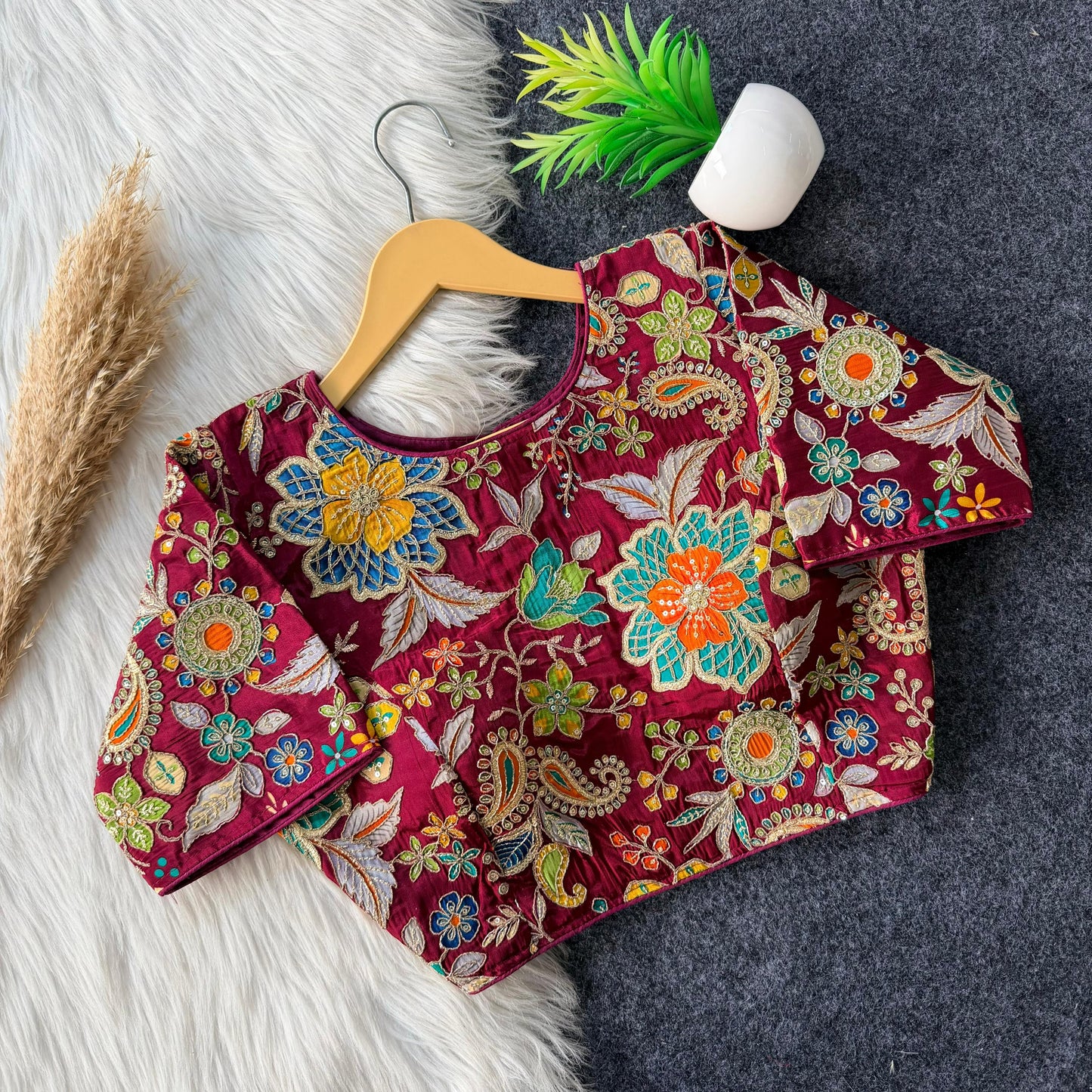 Beautiful flower print print all over blouse with embroidery work all over ready made blouse