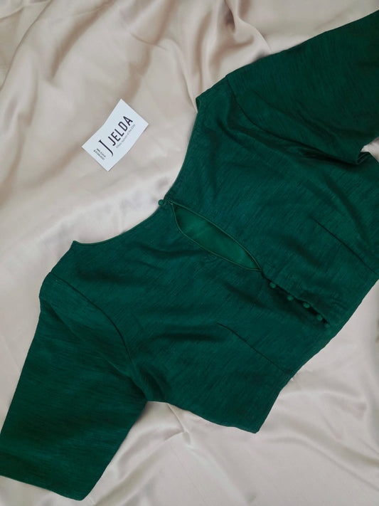Pure dupion silk Green Boatneck Elbow Sleeve custommade blouse
