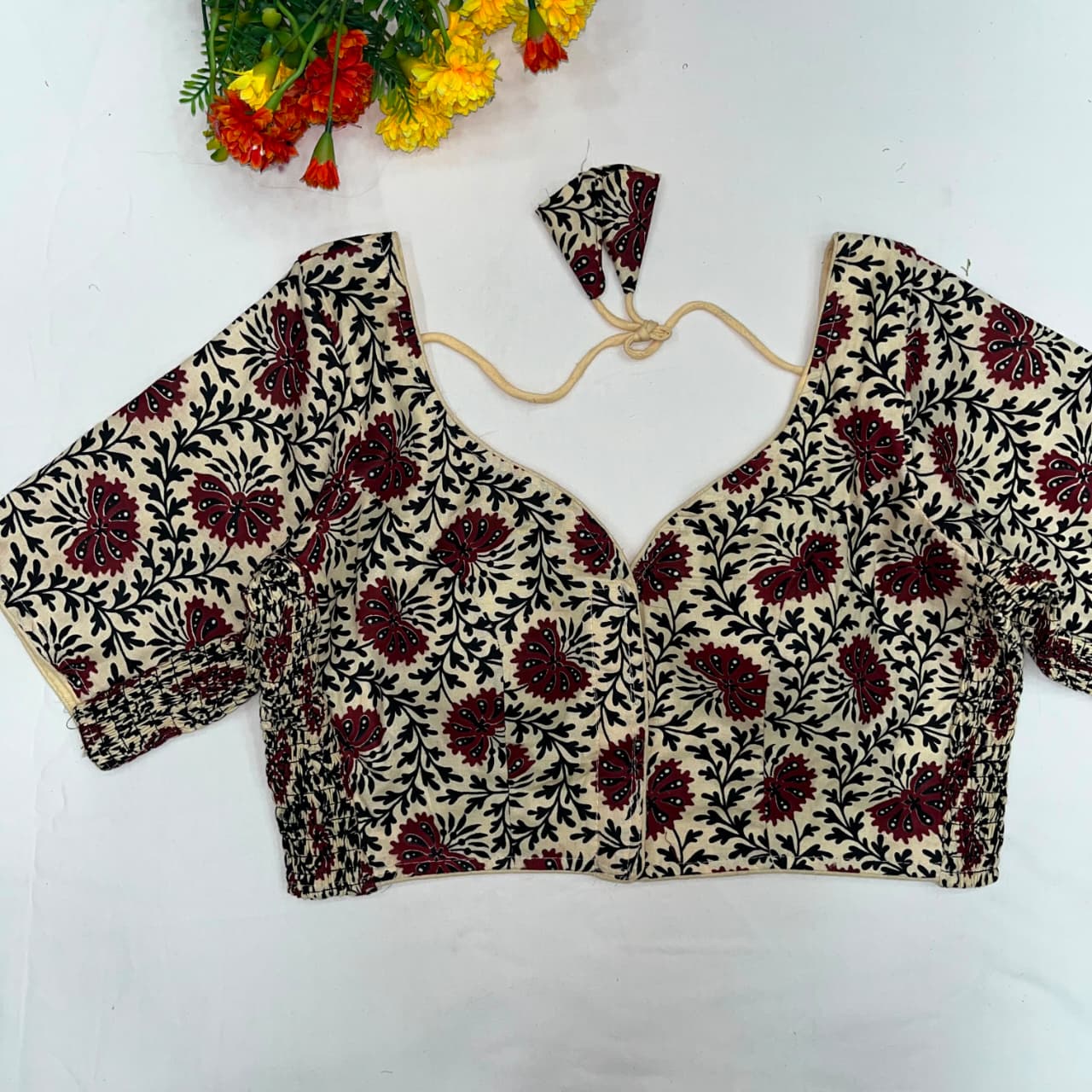Trending ajarakh print cotton elastic pattern fancy ready made blouse